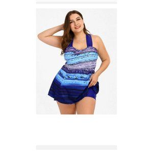 Purply Blue Criss cross back Total Wave Pattern Bathing Suit 2 pc size 2X